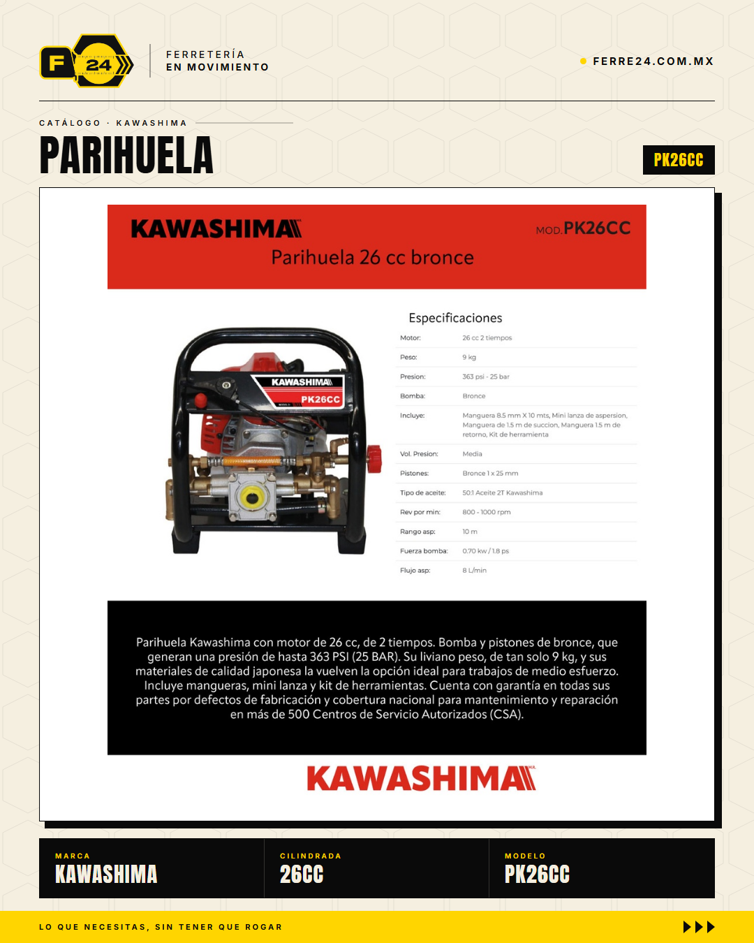 Parihuela Kawashima PK26CC — Motobomba Mochila 26 cc Bomba Bronce · hero_001