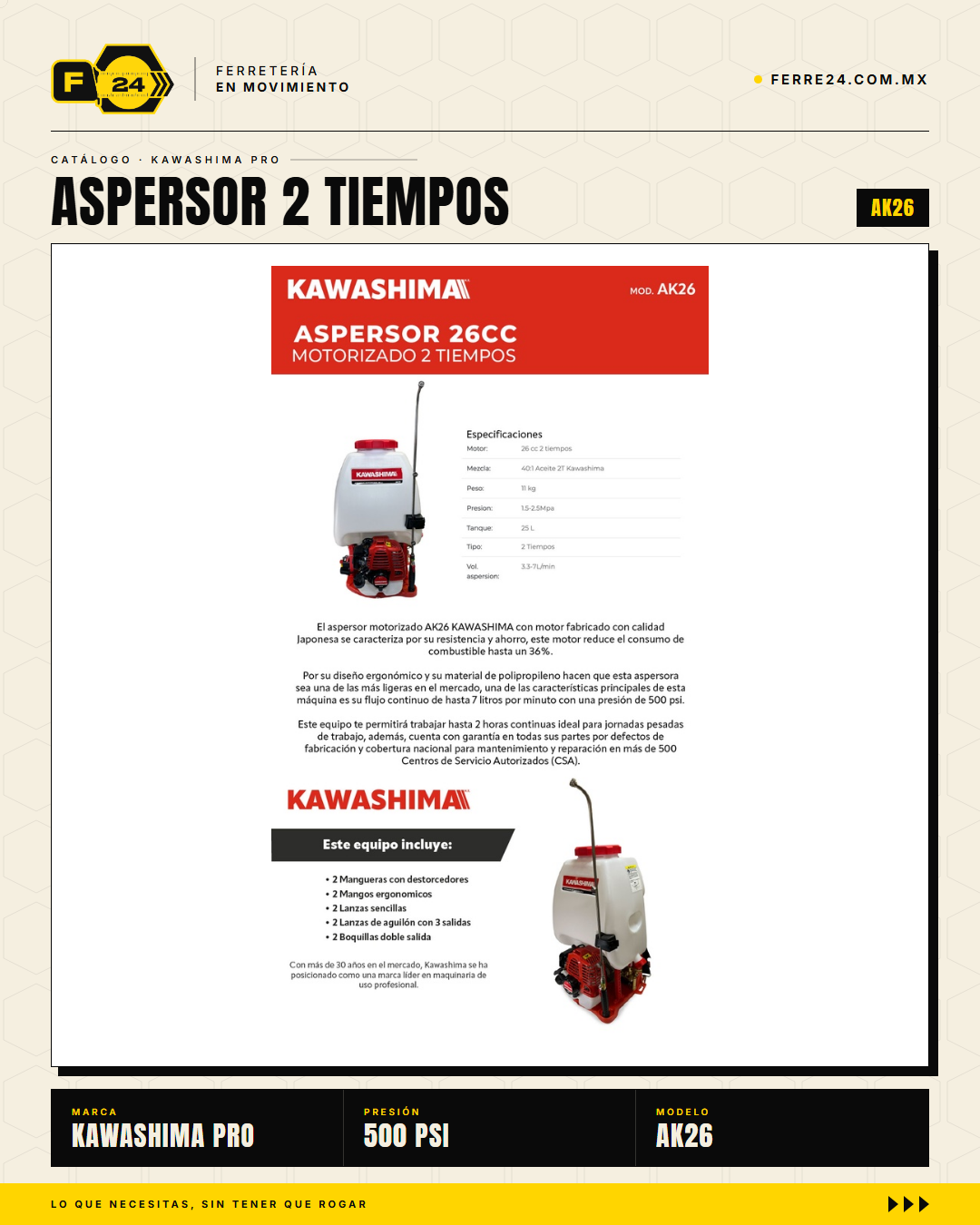 Aspersor Kawashima AK26 — Motor 2 Tiempos 26cc, Depósito 25 Litros · hero_001