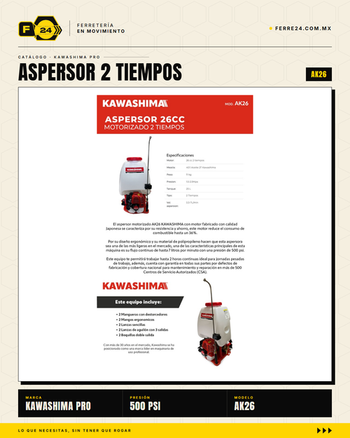 Aspersor Kawashima AK26 — Motor 2 Tiempos 26cc, Depósito 25 Litros · hero_001