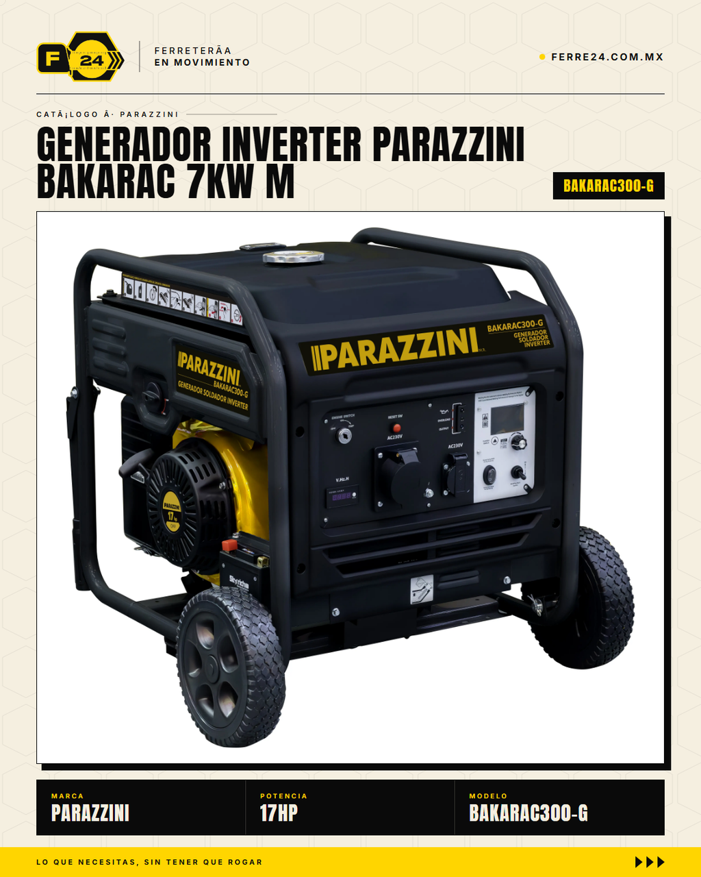 Generador-Soldador Inverter Parazzini BAKARAC300-G — 7.7 kW · 17 HP Gasolina · hero_001