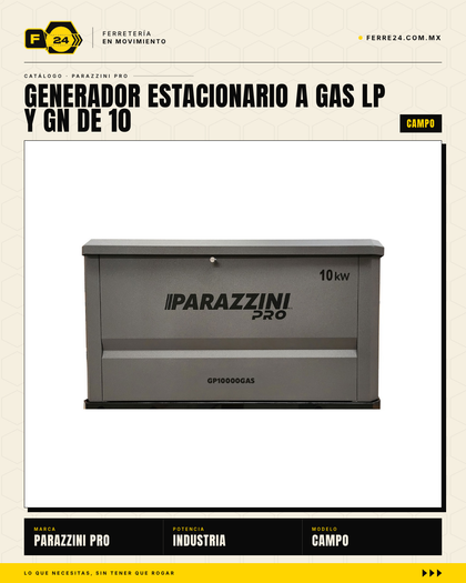 Generador Estacionario a Gas LP/GN 10 kW — Arranque Automático con ATS | Parazzini Pro GP10000GAS