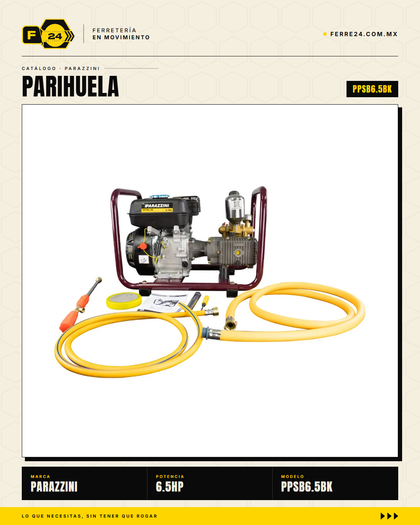Parihuela Parazzini 6.5HP Transmisión Directa — Kit Manguera y Carrete