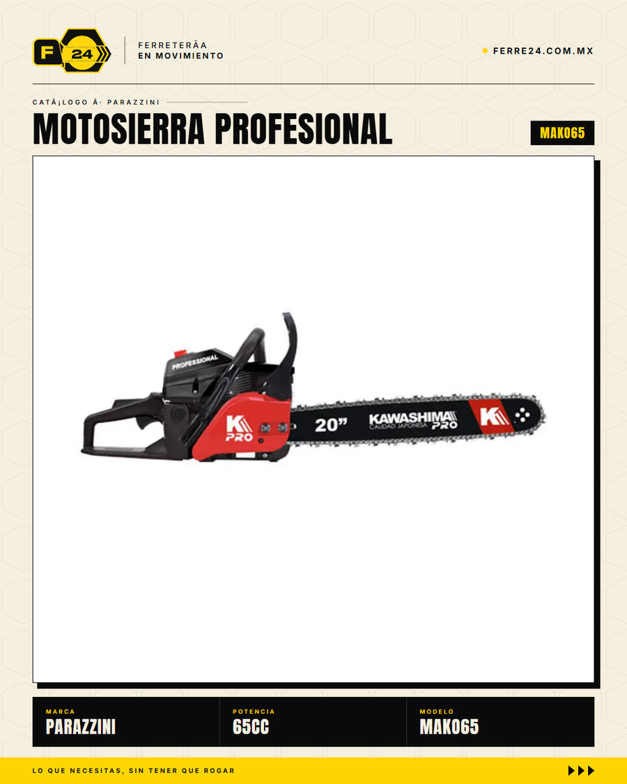 Motosierra Kawashima Pro MAKO65 — barra 20 pulgadas en detalle