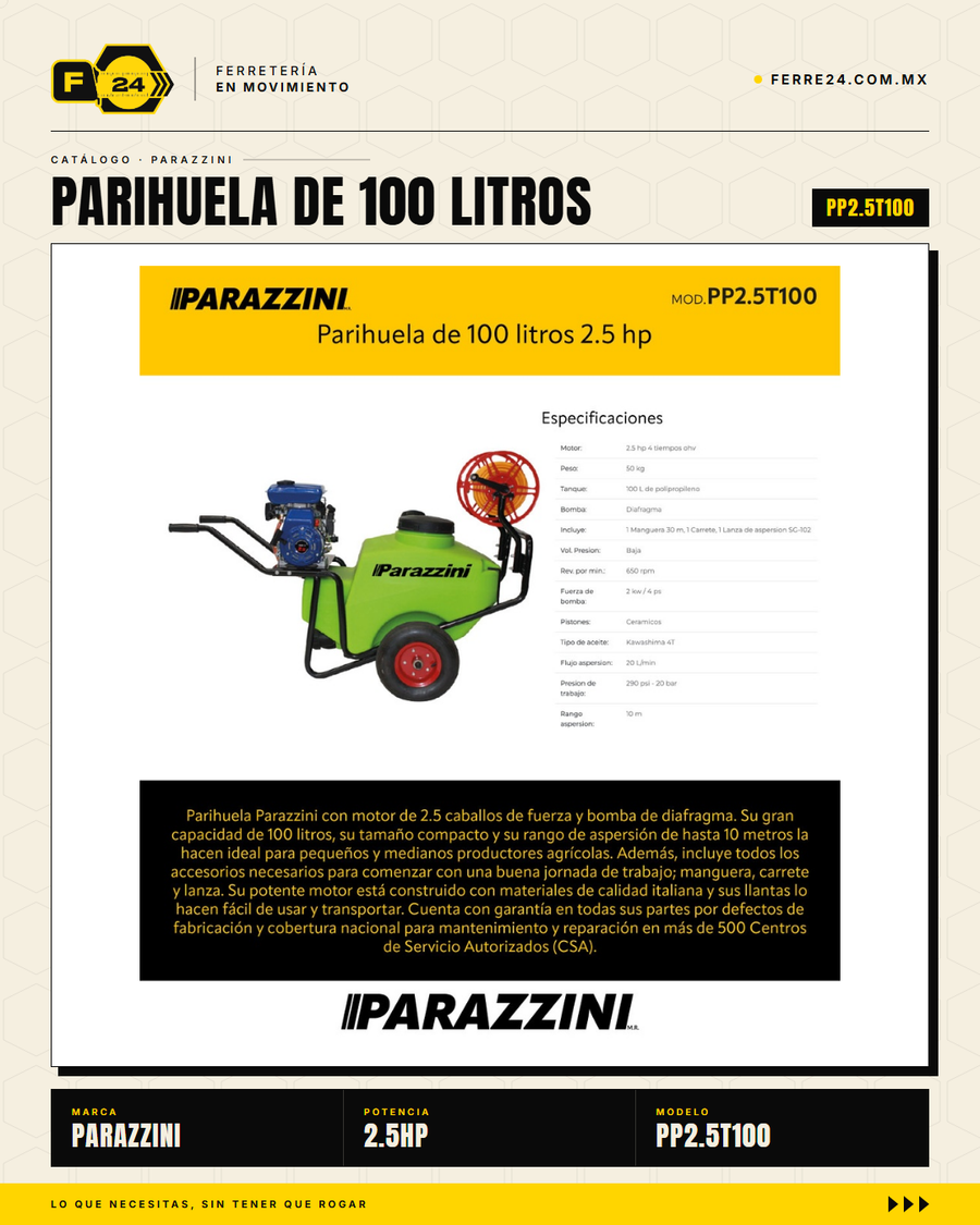 Parihuela Parazzini 100 litros 2.5 HP — Limpieza de alta presión donde no hay agua · hero_002
