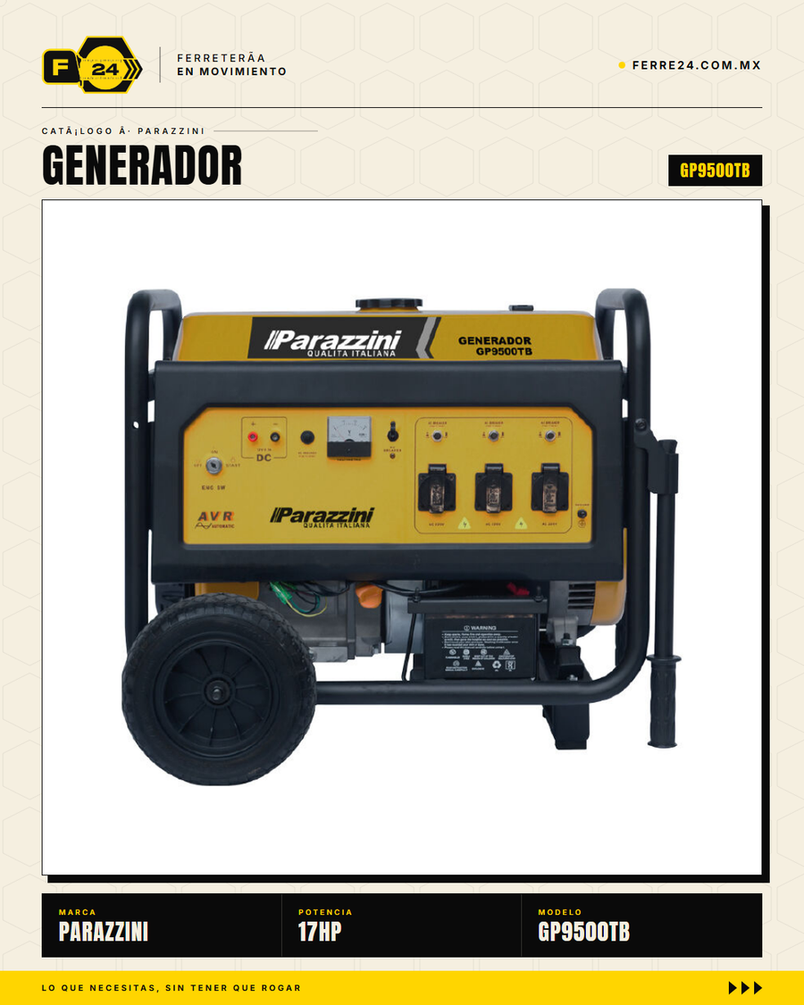 Generador Parazzini GP9500TB — vista alternativa con ruedas