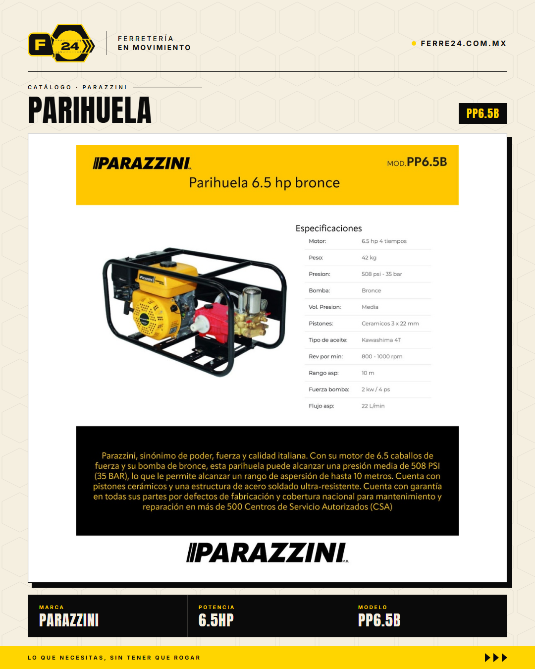 Parihuela Parazzini 6.5 HP — Bomba Bronce 508 PSI · hero_002