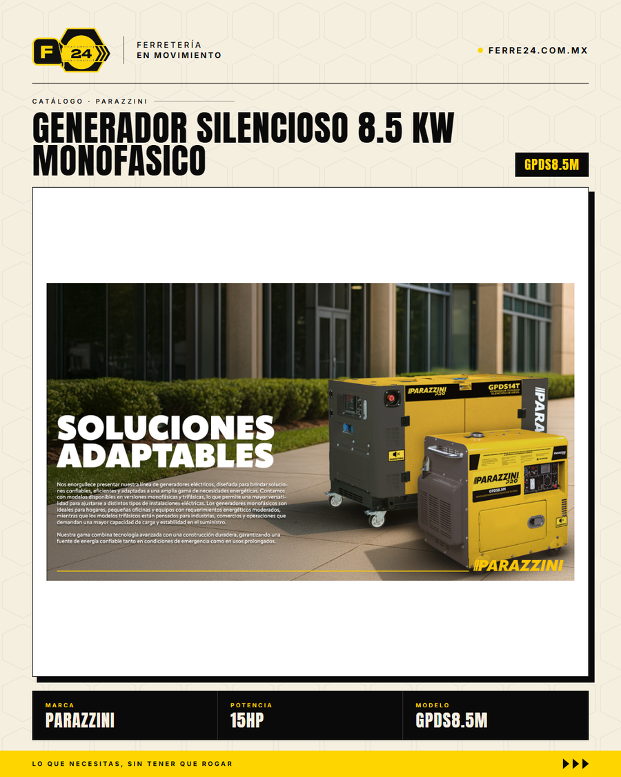 ```
Generador diesel silencioso Parazzini GPDS8.5M. Solo 72 dB — apto para hoteles, residencias y oficinas. 7.0 kW, monofásico 110/220V, arranque eléctrico. Envío con flete especial.
``` · life_001