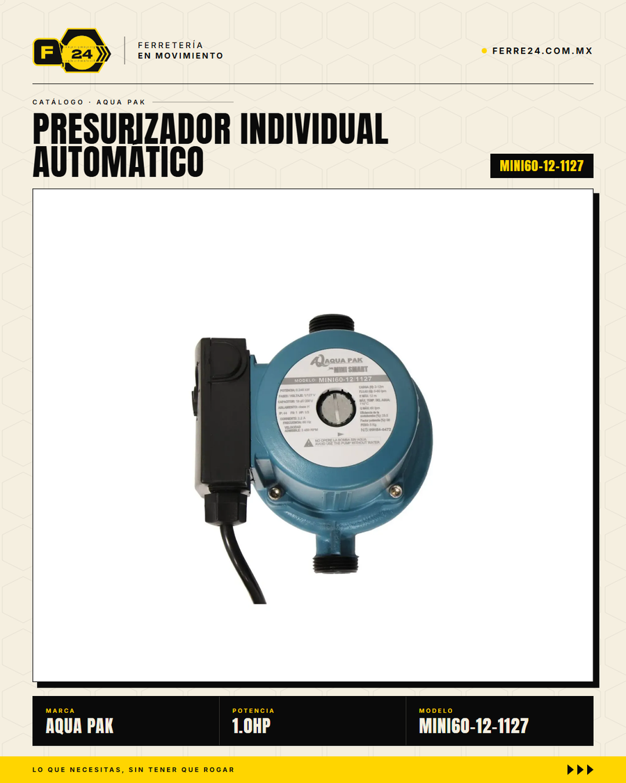 Presurizador Individual Automático AQUA PAK MINI60-12 — Serie MINI SMART, 60 lpm, 1/3 HP, 127 V · sec_001
