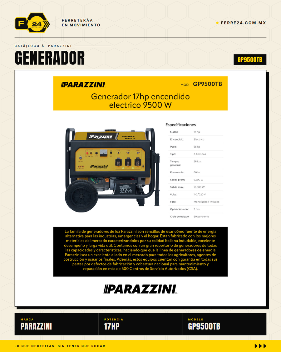 GP9500TB — motor 17HP 4T 500cc detalle