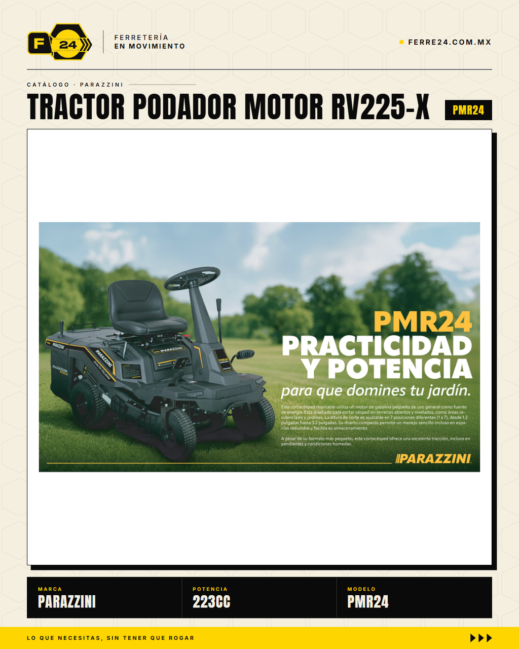Tractor Podador Parazzini PMR24 — Motor 223cc 4T, 24 Pulgadas, Encendido Eléctrico · sec_001