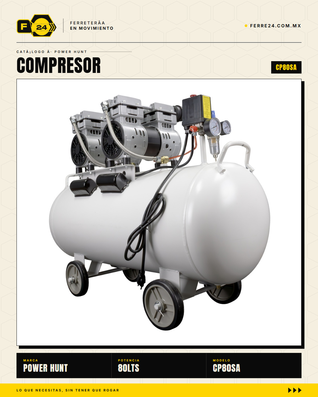 Compresor 80 L libre de aceite, doble conexión rápida. Aire limpio para pintura y neumática. Sin kit: tú usas tus accesorios. · sec_001