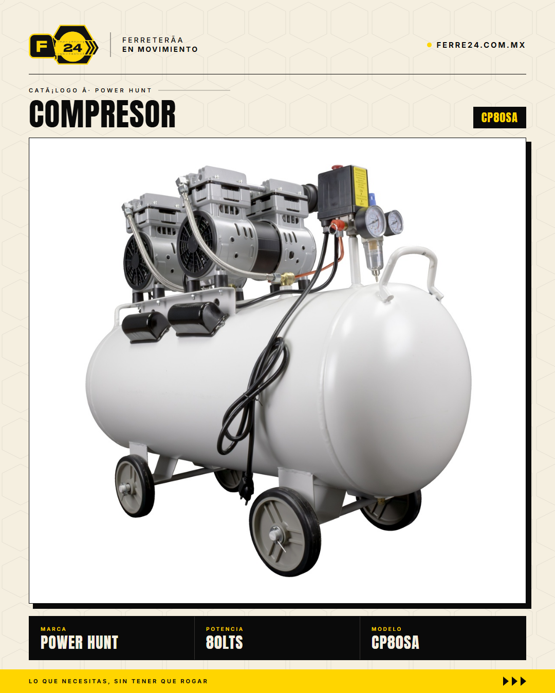 Compresor 80 L libre de aceite, doble conexión rápida. Aire limpio para pintura y neumática. Sin kit: tú usas tus accesorios. · sec_001