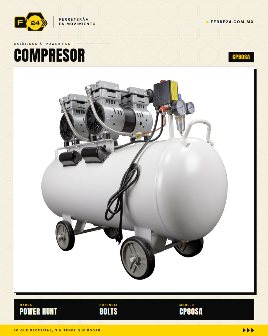 Compresor 80 L libre de aceite, doble conexión rápida. Aire limpio para pintura y neumática. Sin kit: tú usas tus accesorios. · sec_001