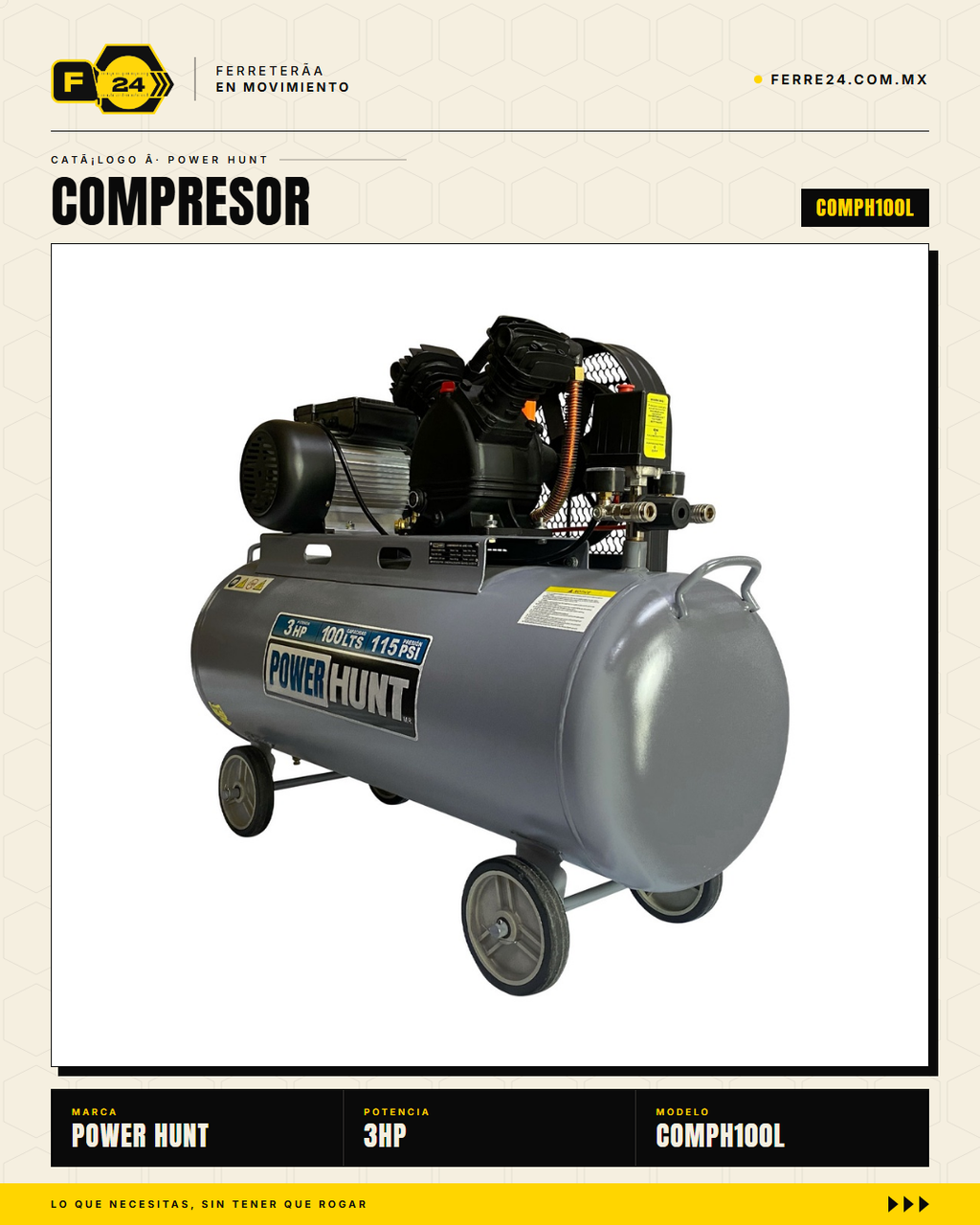 Compresor de Aire 3 HP 100 L Transmisión por Banda — Power Hunt COMPH100L · sec_001