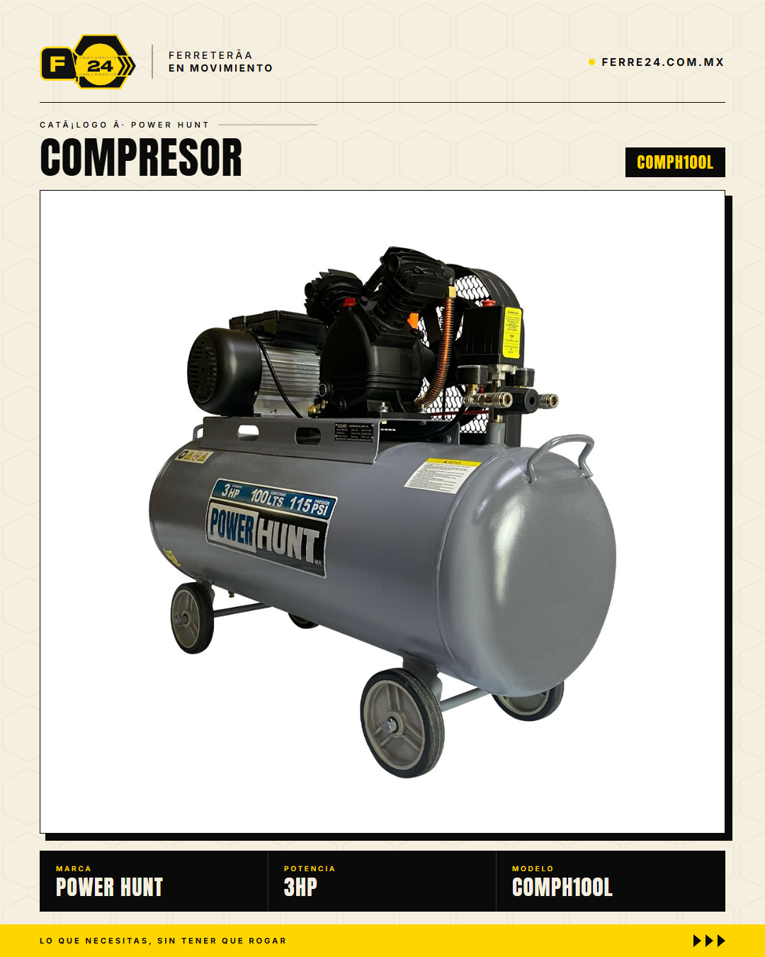 Compresor de Aire 3 HP 100 L Transmisión por Banda — Power Hunt COMPH100L · sec_001