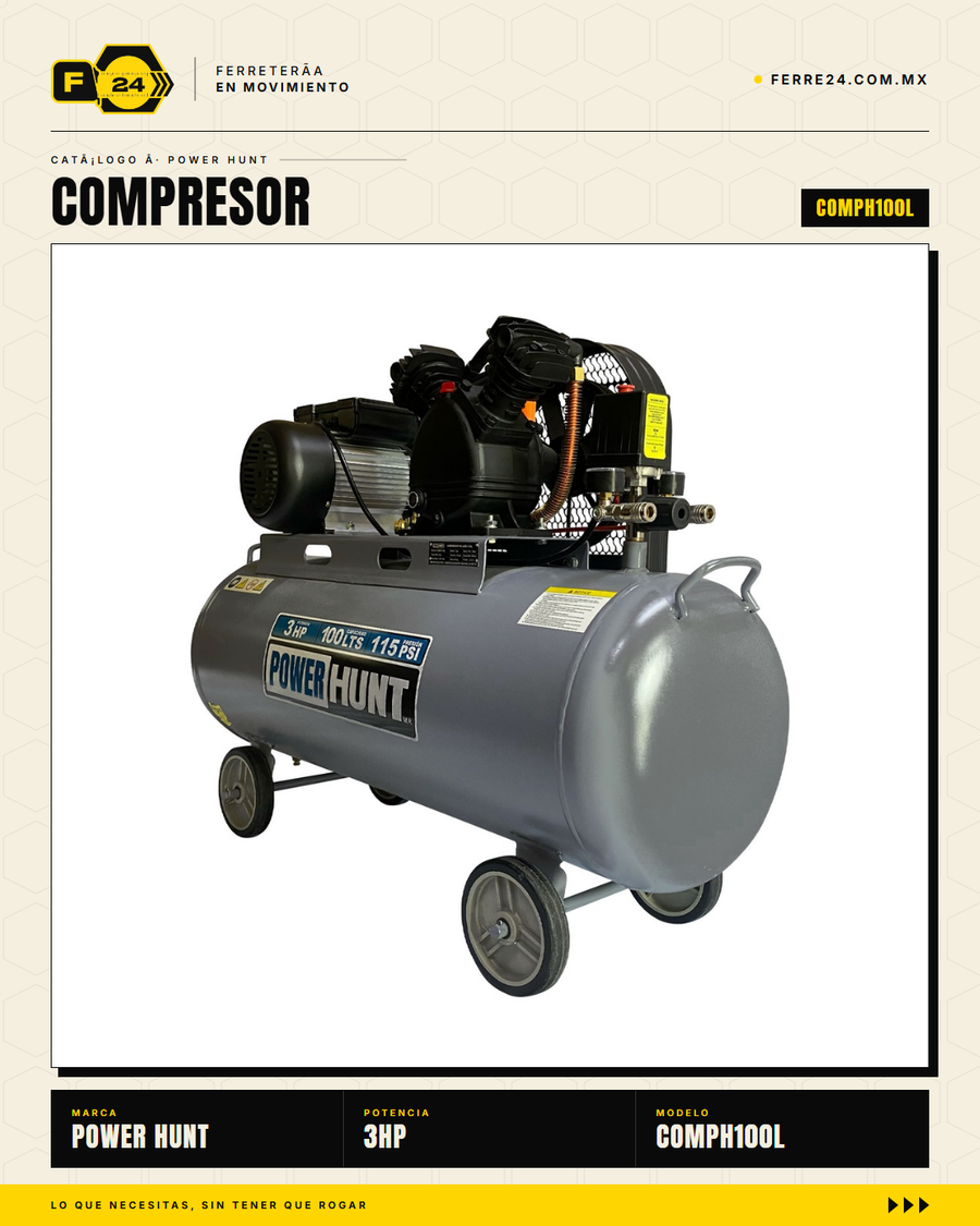 Compresor de Aire 3 HP 100 L Transmisión por Banda — Power Hunt COMPH100L · sec_001