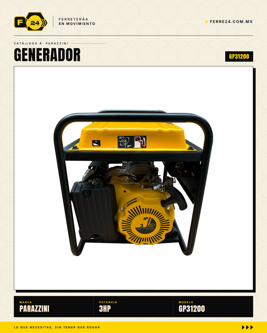 Generador portátil Parazzini GP31200: motor 3HP, 1,200W máx, tanque 6.3 L, 7 h de autonomía. Respaldo confiable para hogar, campo y emergencias desde $4,769 MXN. · sec_001