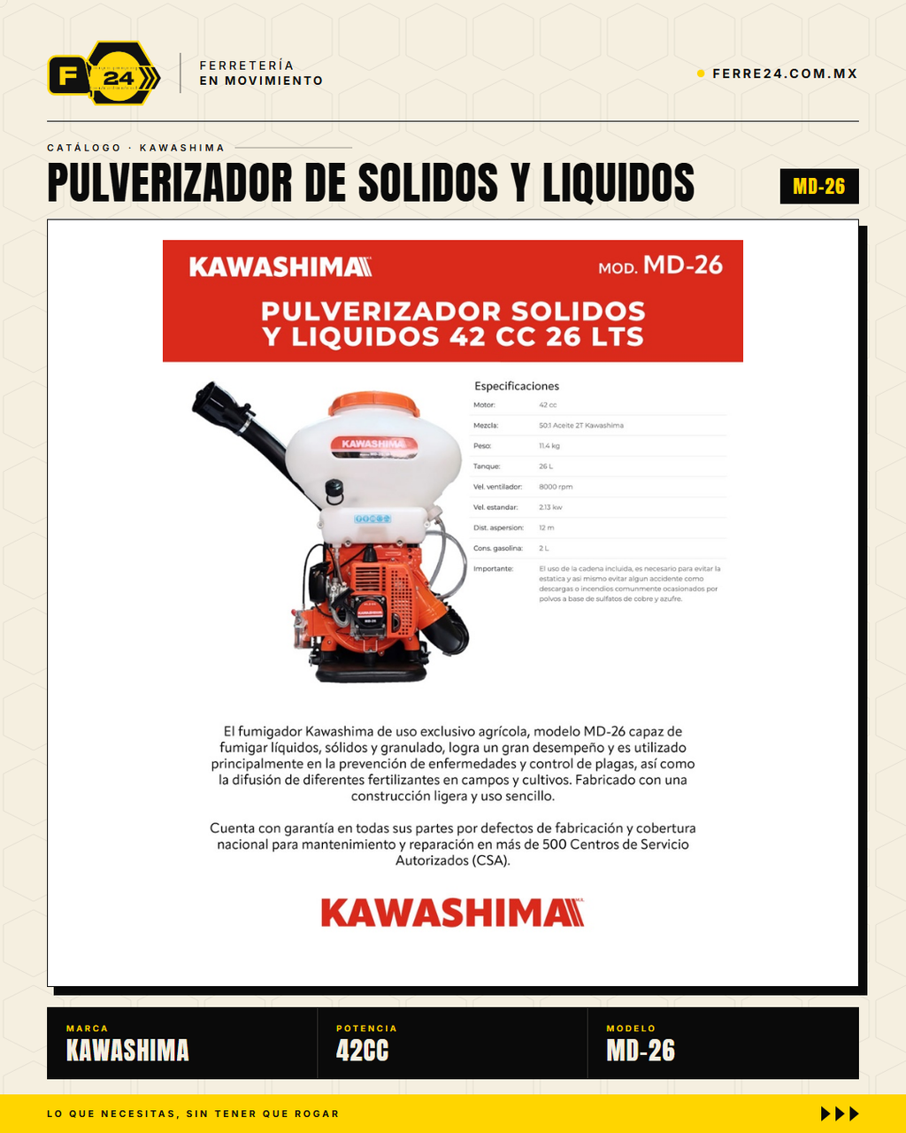 Pulverizador Kawashima 42 cc — Sólidos y Líquidos, Tanque de 26 L · sec_001
