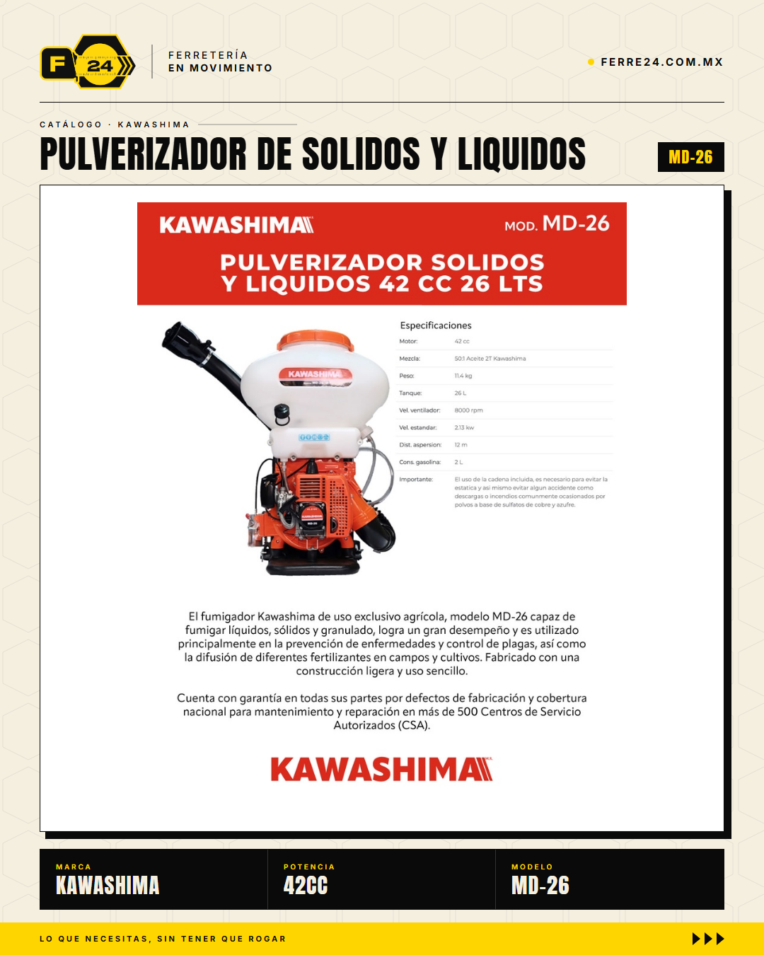Pulverizador Kawashima 42 cc — Sólidos y Líquidos, Tanque de 26 L · sec_001