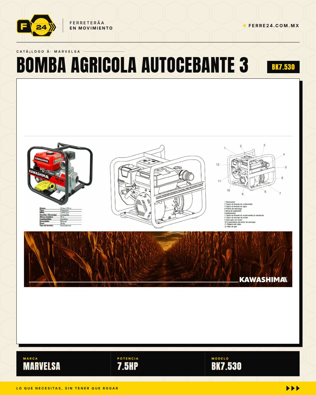 Bomba Agrícola Autocebante 7.5 HP 3" BK7.530 — 1000 L/min, Aluminio · sec_001