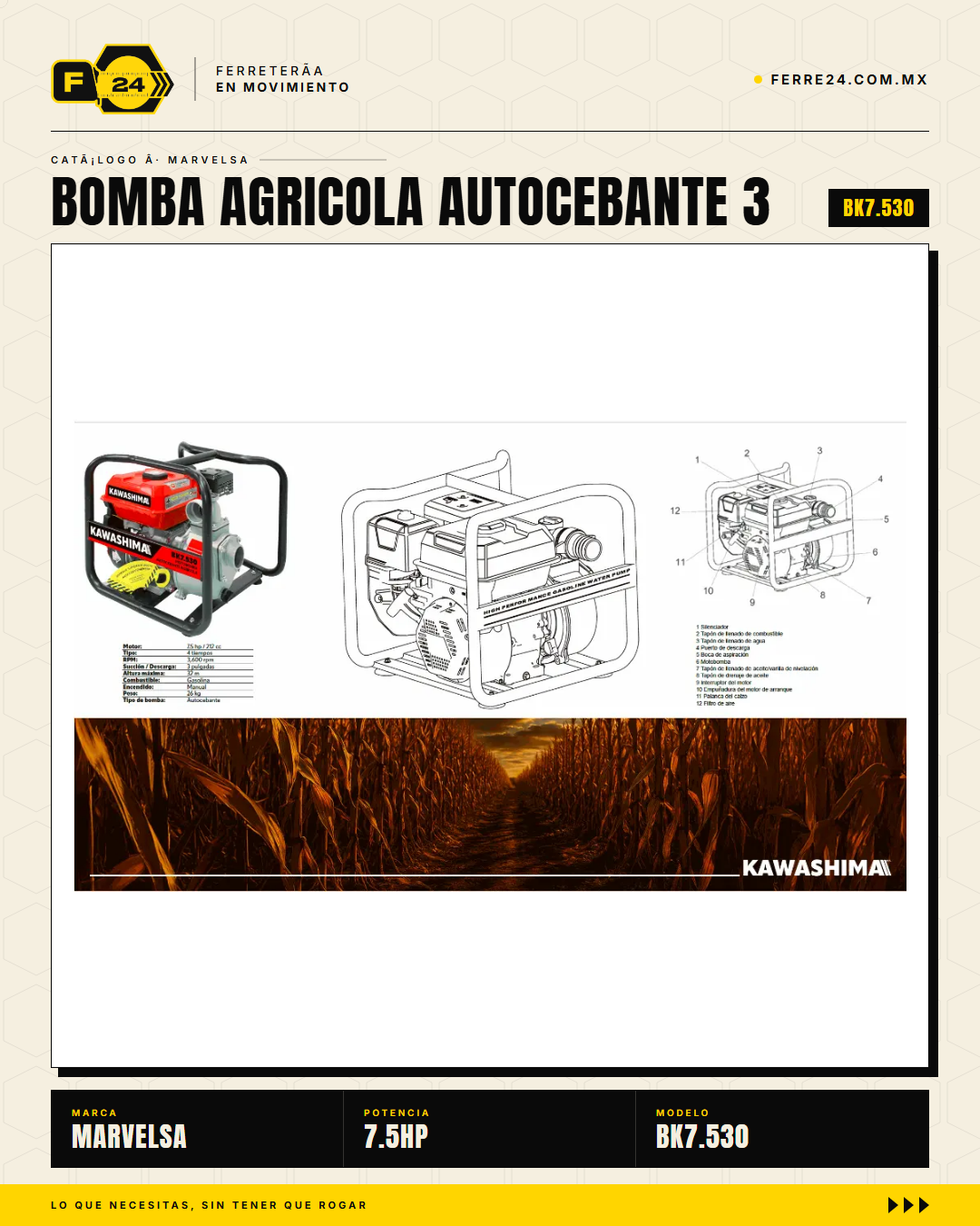 Bomba Agrícola Autocebante 7.5 HP 3" BK7.530 — 1000 L/min, Aluminio · sec_001