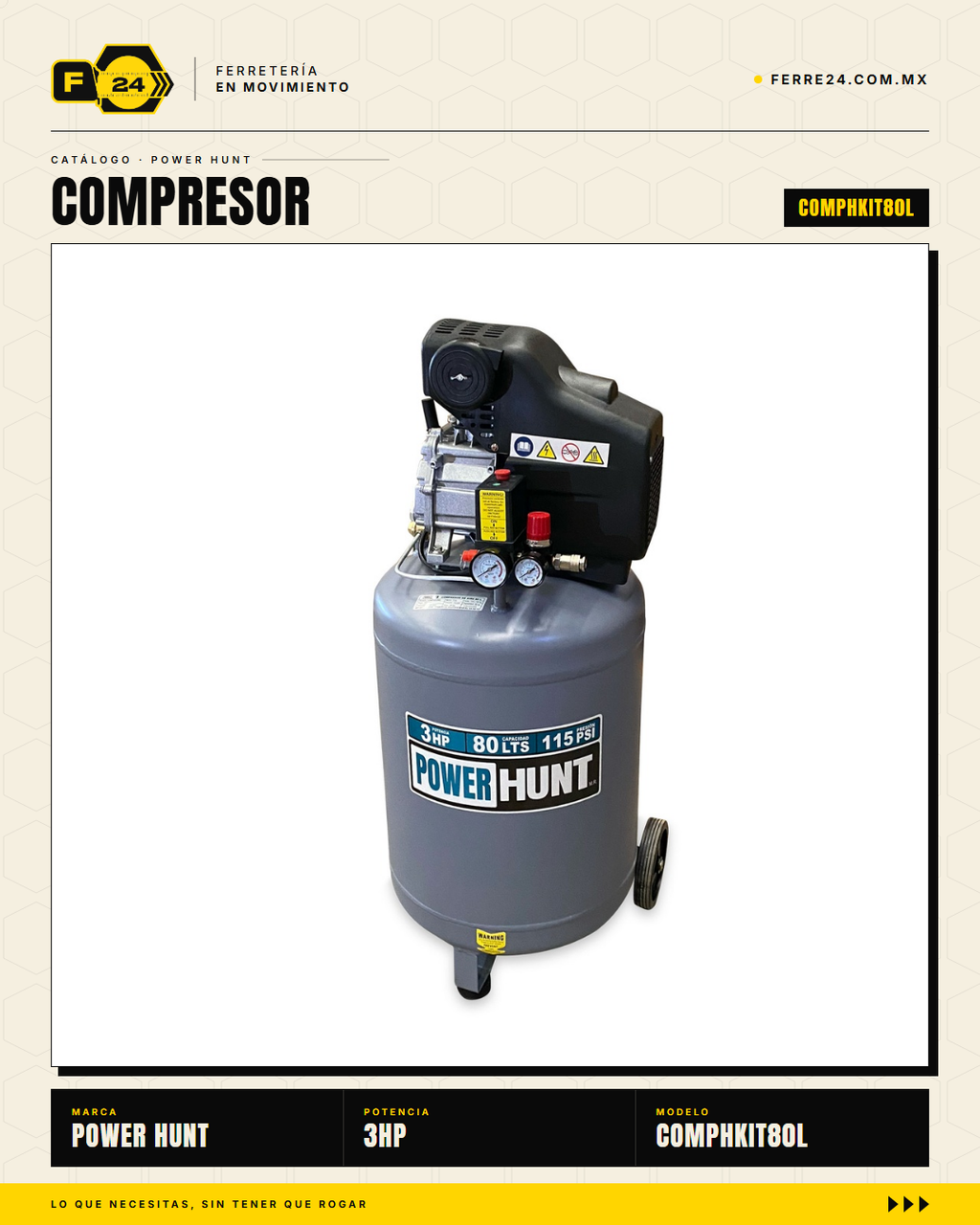 Compresor Eléctrico Power Hunt 80 L 3 HP — Doble Conexión Rápida + Kit Manguera y Pistola de Gravedad · sec_001
