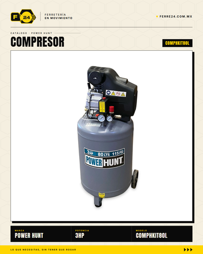 Compresor Eléctrico Power Hunt 80 L 3 HP — Doble Conexión Rápida + Kit Manguera y Pistola de Gravedad