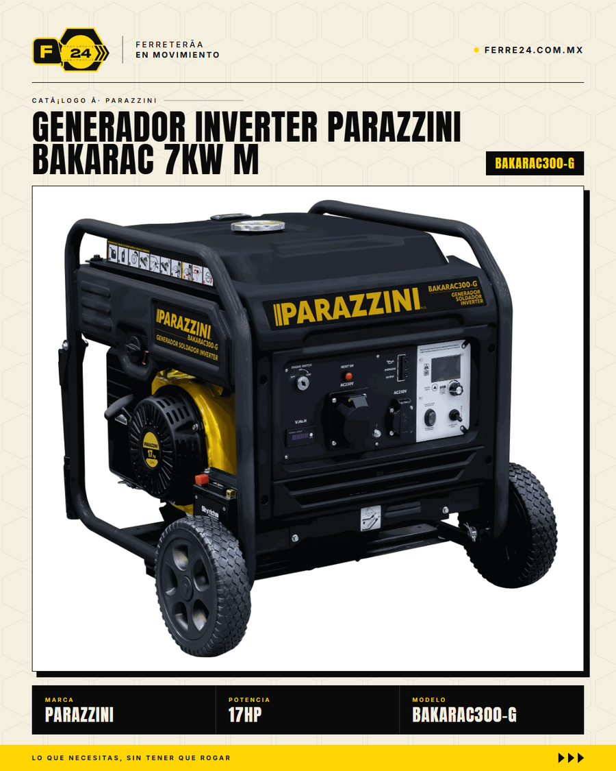 Generador-Soldador Inverter Parazzini BAKARAC300-G — 7.7 kW · 17 HP Gasolina · sec_001