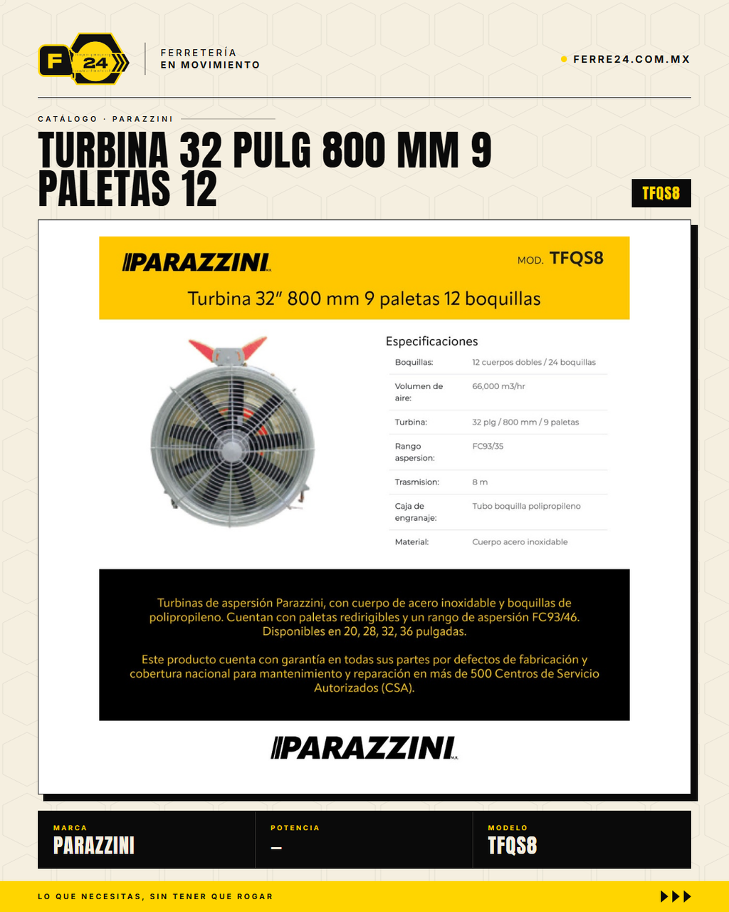 Turbina de Aspersión Parazzini TFQS8 — 32" / 800 mm, Acero Inoxidable · sec_001