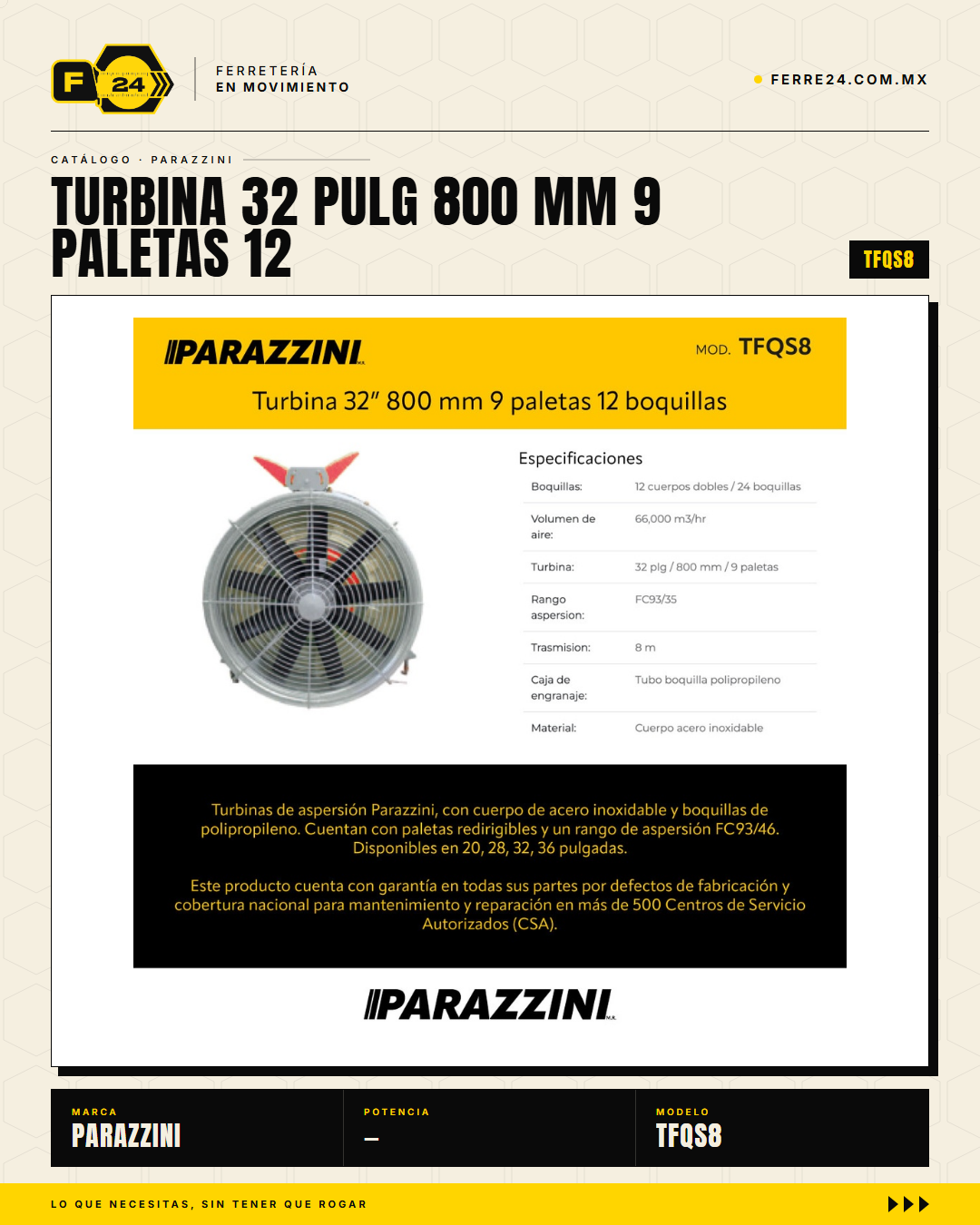 Turbina de Aspersión Parazzini TFQS8 — 32" / 800 mm, Acero Inoxidable · sec_001