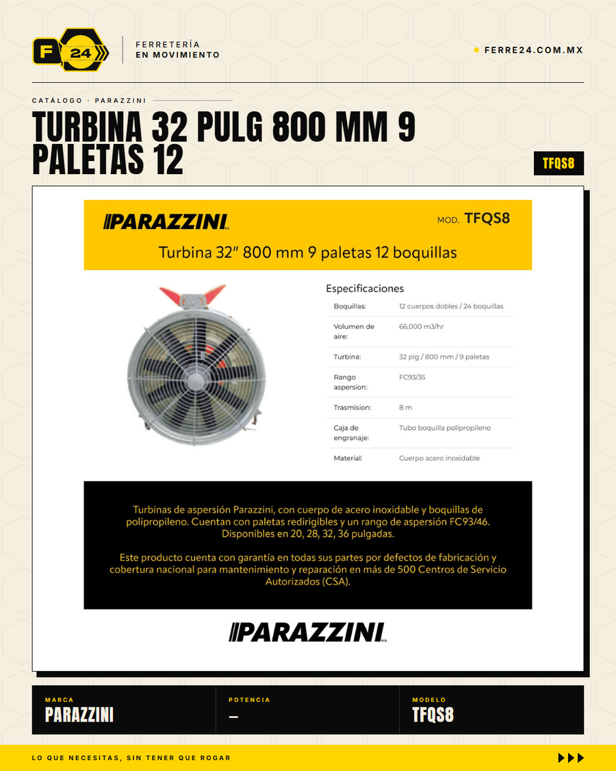 Turbina de Aspersión Parazzini TFQS8 — 32" / 800 mm, Acero Inoxidable · sec_001