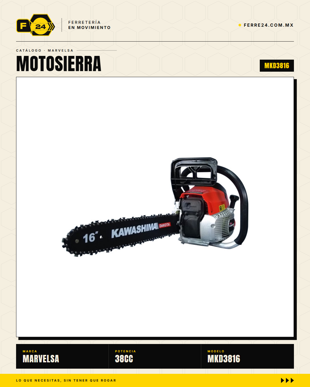 Motosierra Kawashima Dakota 38cc — Barra 16" con Kit Completo · sec_001