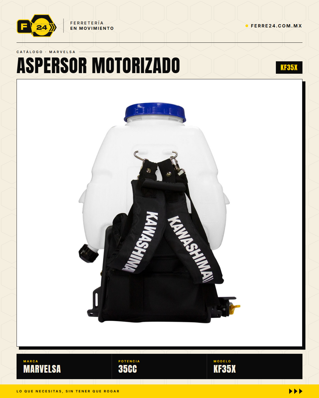 Aspersor Motorizado Kawashima KF35X — Motor 4T 35cc, Tanque 25 L

--- sec_001