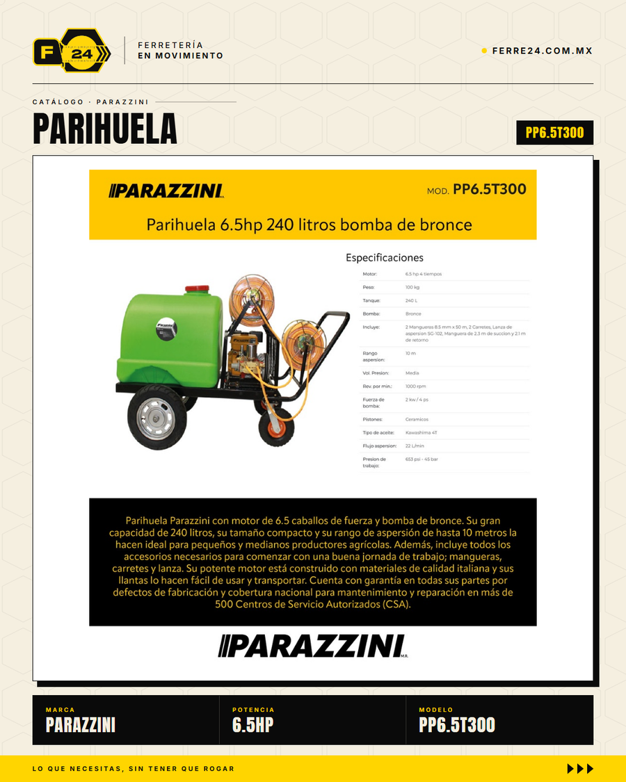Parihuela Motorizada Parazzini 6.5HP — 240 Litros, Bomba de Bronce · sec_001