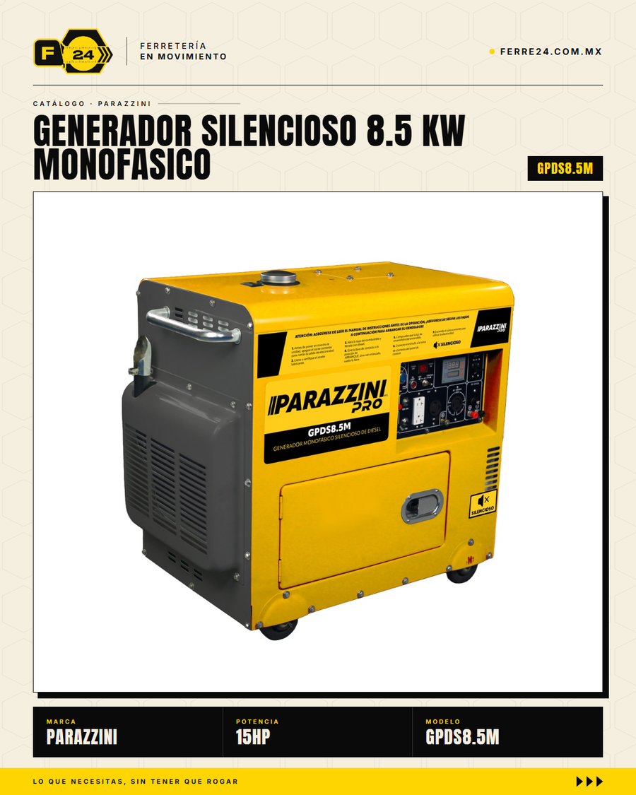 ```
Generador diesel silencioso Parazzini GPDS8.5M. Solo 72 dB — apto para hoteles, residencias y oficinas. 7.0 kW, monofásico 110/220V, arranque eléctrico. Envío con flete especial.
``` · sec_001