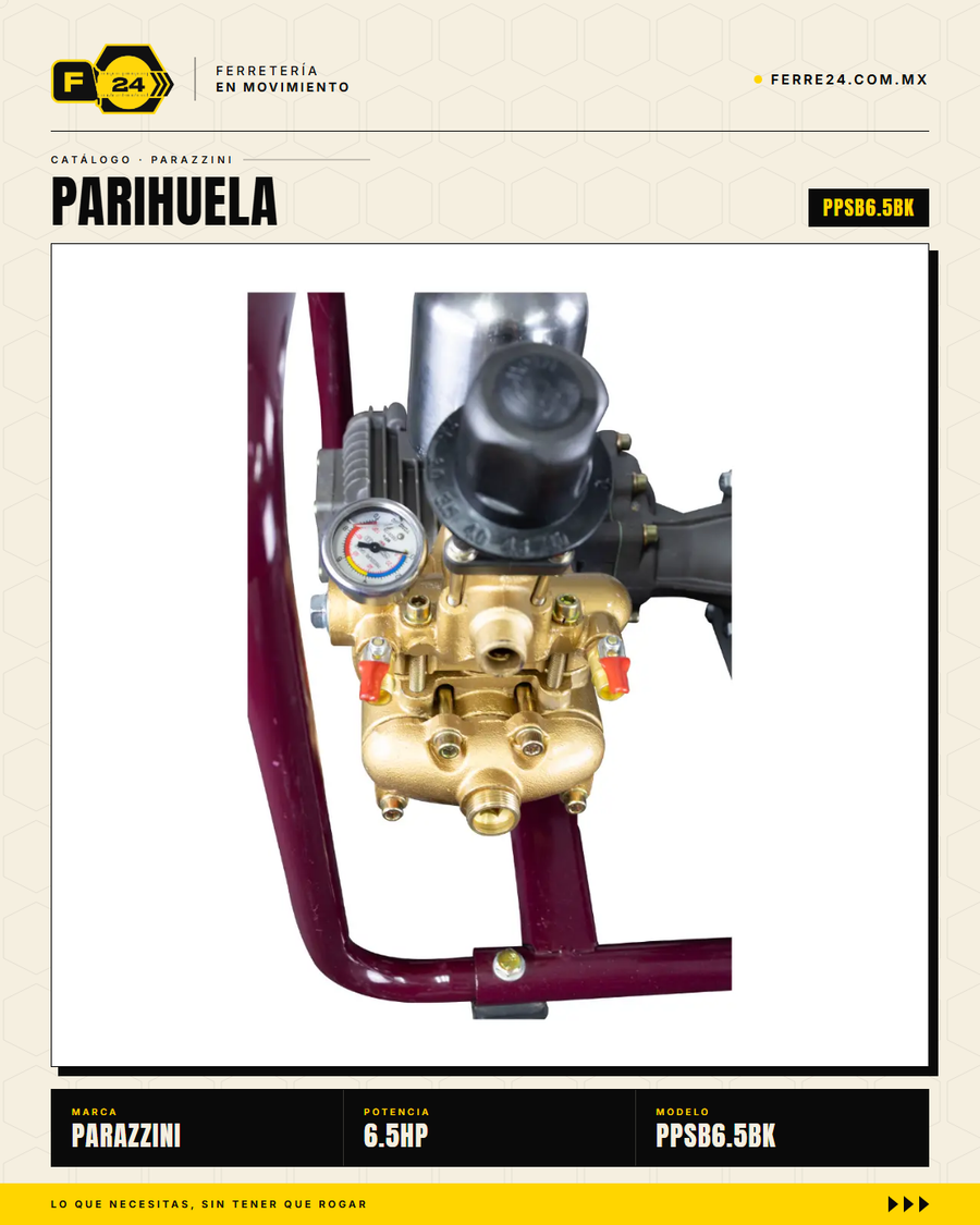 Parihuela Parazzini 6.5HP Transmisión Directa — Kit Manguera y Carrete · sec_001_marvelsa