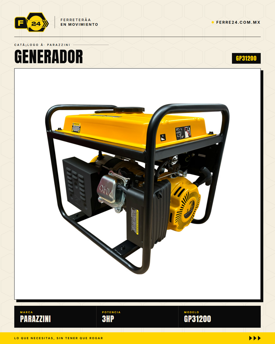 Generador portátil Parazzini GP31200: motor 3HP, 1,200W máx, tanque 6.3 L, 7 h de autonomía. Respaldo confiable para hogar, campo y emergencias desde $4,769 MXN. · sec_002