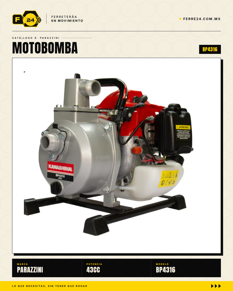 Motobomba Kawashima BP4316 — detalle motor 2T 43cc