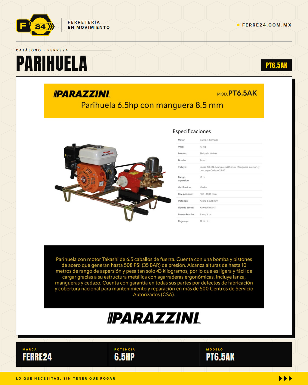 Parihuela 6.5 HP Acero — 40 bar, Kit Completo · sec_002
