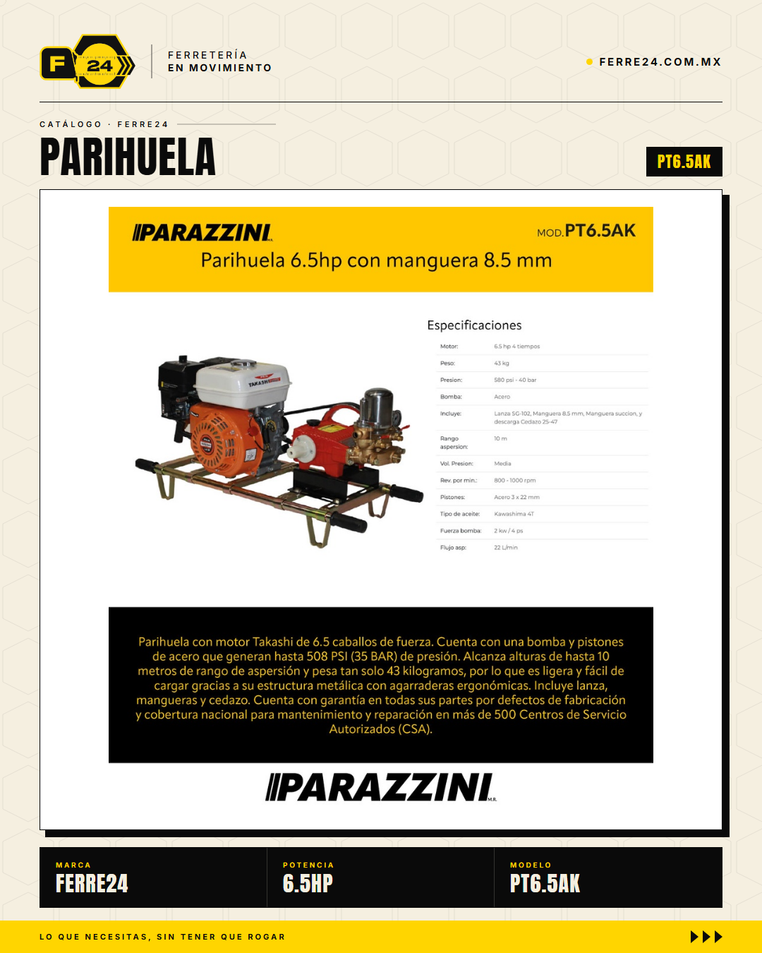 Parihuela 6.5 HP Acero — 40 bar, Kit Completo · sec_002