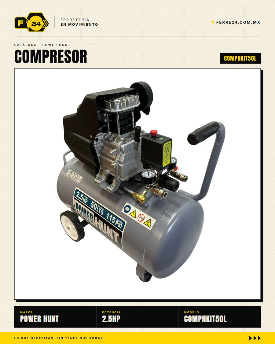 Compresor Power Hunt 2.5 HP 50 Lts — Kit Completo con Manguera y Pistola de Gravedad · sec_002