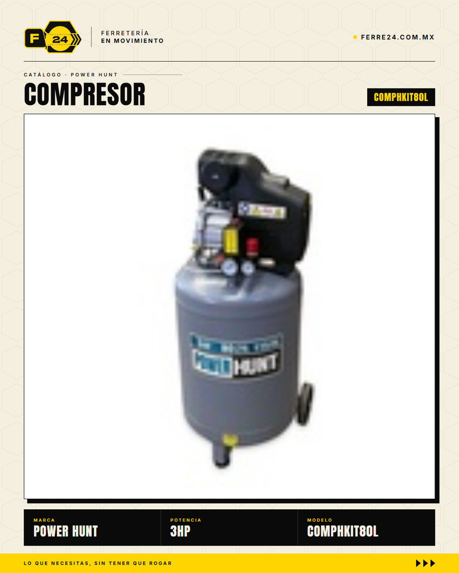 Compresor Eléctrico Power Hunt 80 L 3 HP — Doble Conexión Rápida + Kit Manguera y Pistola de Gravedad · sec_002