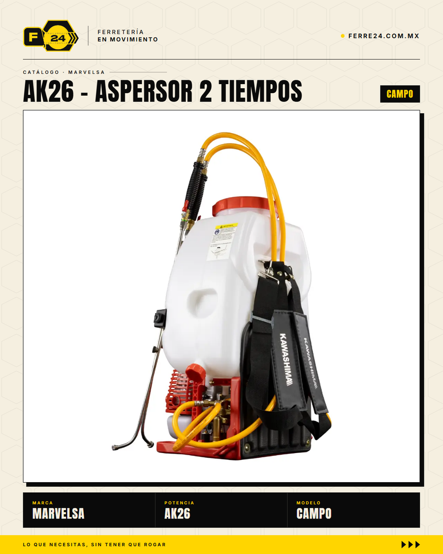 Aspersor Kawashima AK26 — Motor 2 Tiempos 26cc, Depósito 25 Litros

--- · sec_002