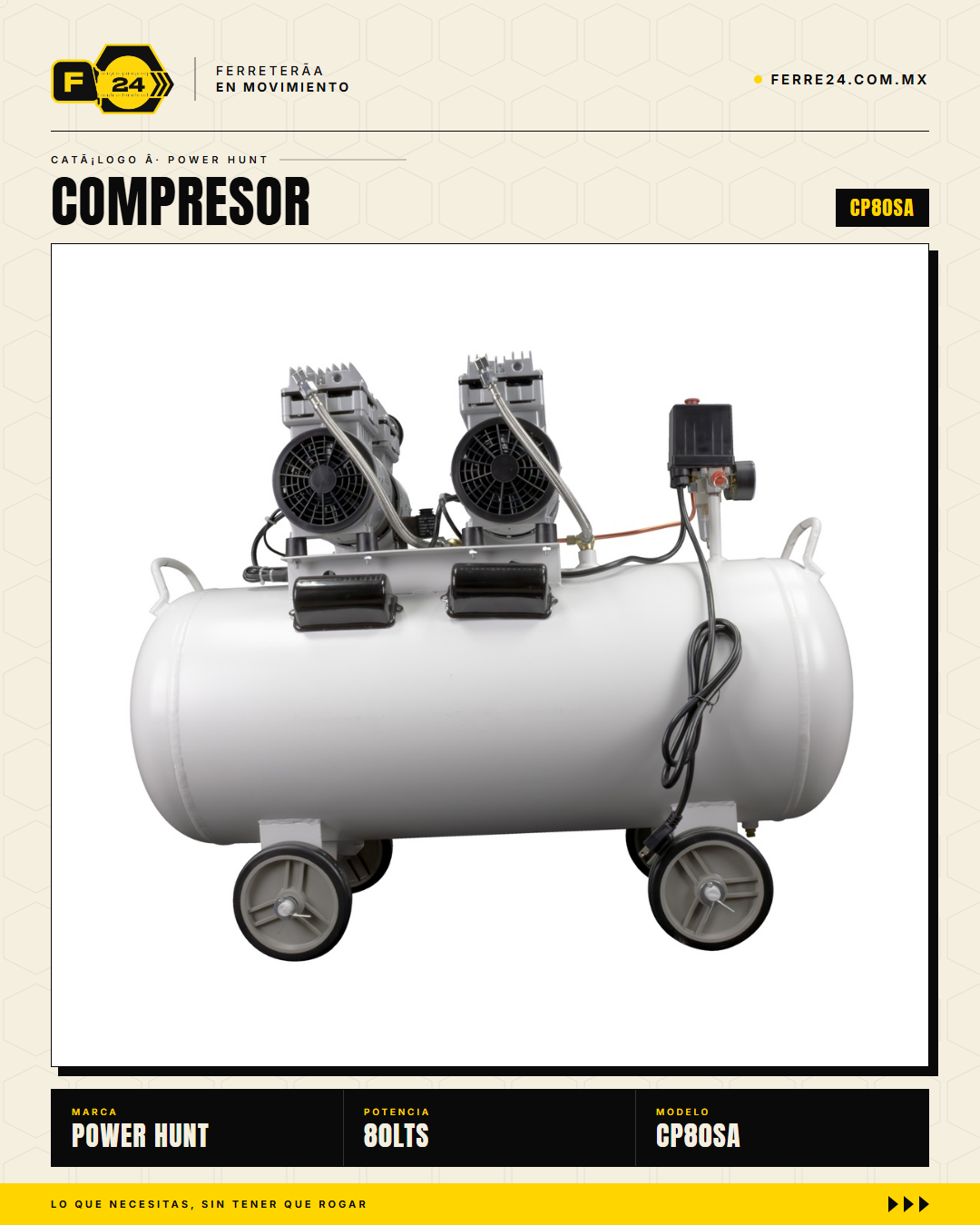 Compresor 80 L libre de aceite, doble conexión rápida. Aire limpio para pintura y neumática. Sin kit: tú usas tus accesorios. · sec_002