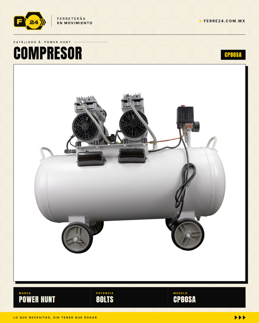 Compresor 80 L libre de aceite, doble conexión rápida. Aire limpio para pintura y neumática. Sin kit: tú usas tus accesorios. · sec_002