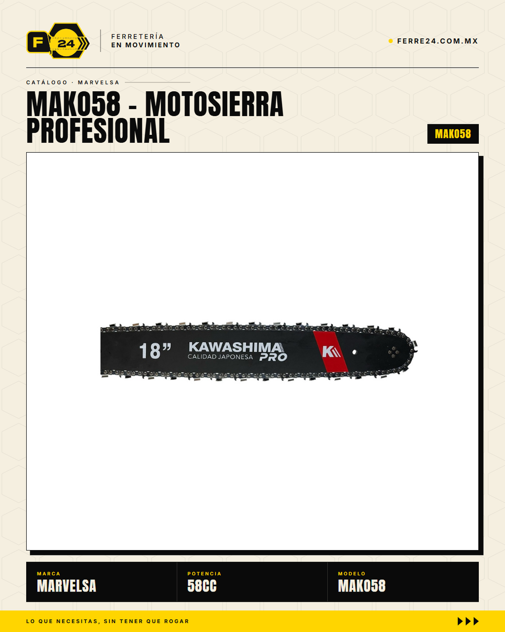 Motosierra Kawashima Pro 58 cc — Kit completo, lista para trabajar · sec_002