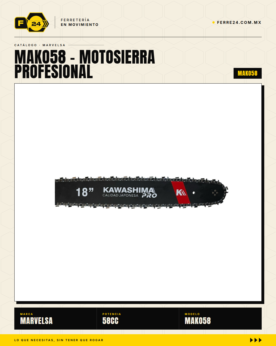 Motosierra Kawashima Pro 58 cc — Kit completo, lista para trabajar · sec_002