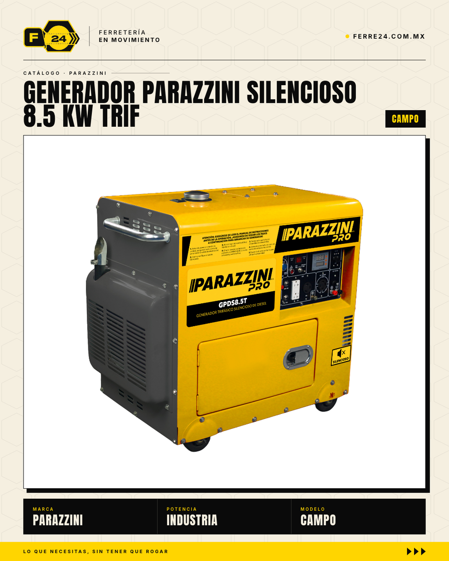 Generador Diesel Silencioso Trifásico 8.5 kW Parazzini GPDS8.5T — 72dB, Arranque Eléctrico · sec_002