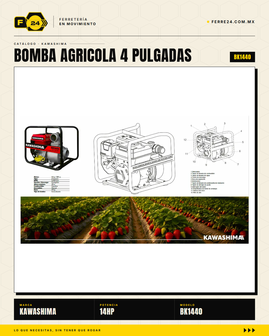 Motobomba Kawashima BK1440 — 4" · 14 HP · 85 m³/h · sec_002