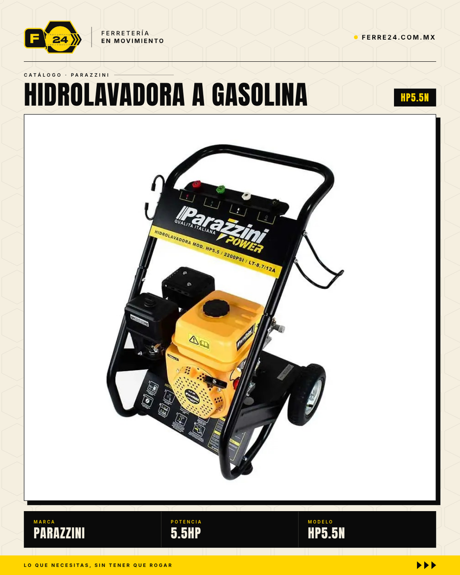 Hidrolavadora a Gasolina Parazzini HP5.5 — 2,200 PSI / 5.5 HP / 4 Tiempos · sec_002_hp55_lateral